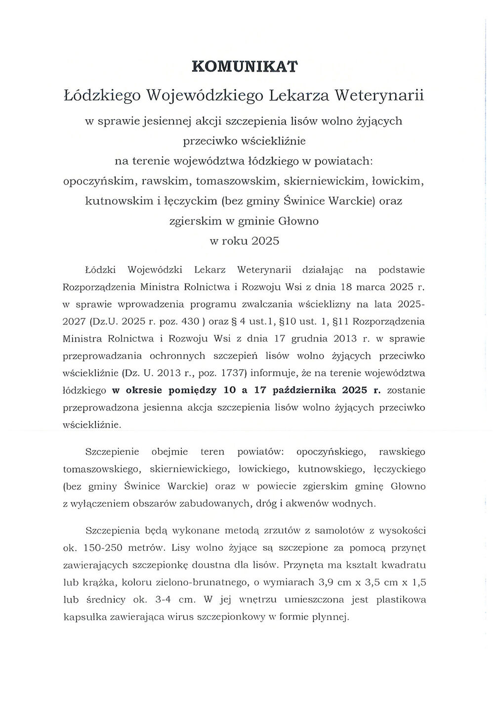 Komunikat w sprawie jesiennej akcji szczepienia lisów wolno żyjących przeciwko wściekliźnie 2025 1